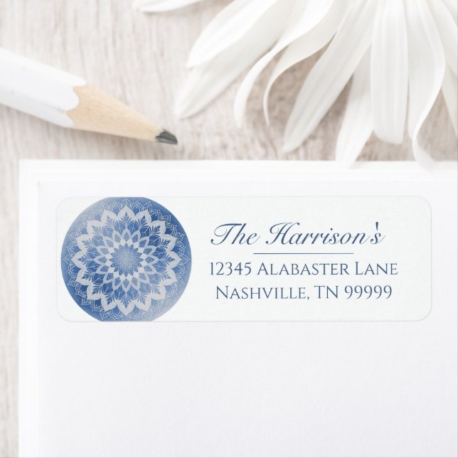 Blue Lace Mandala Wedding Address Label (Insitu)