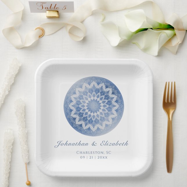 Blue Lace Mandala Wedding Paper Plates (Wedding)