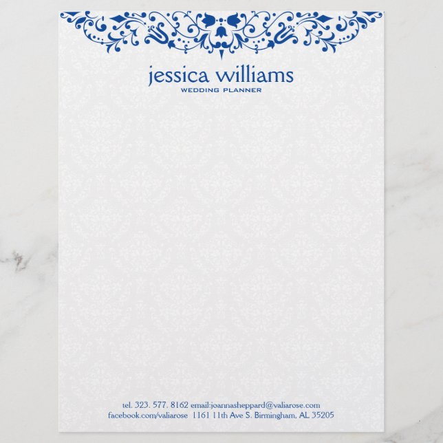 Blue Lace on White Damasks Background Letterhead (Front)