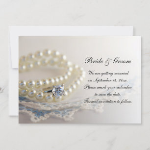 Blue Lace, Pearls, Ring Wedding Save the Date Invitation