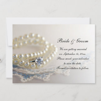 Blue Lace, Pearls, Ring Wedding Save the Date Invitation