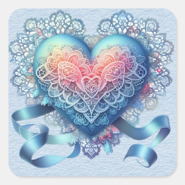 Blue Lace Ribbons  Valentine Heart Square Sticker (Front)