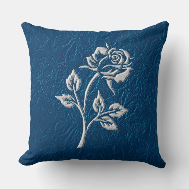 Blue Lace With Silver Rose Throw Pillow (Front)