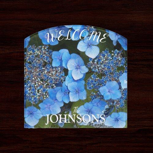 Blue Lacecap Hydrangea with Family Name Welcome Door Sign