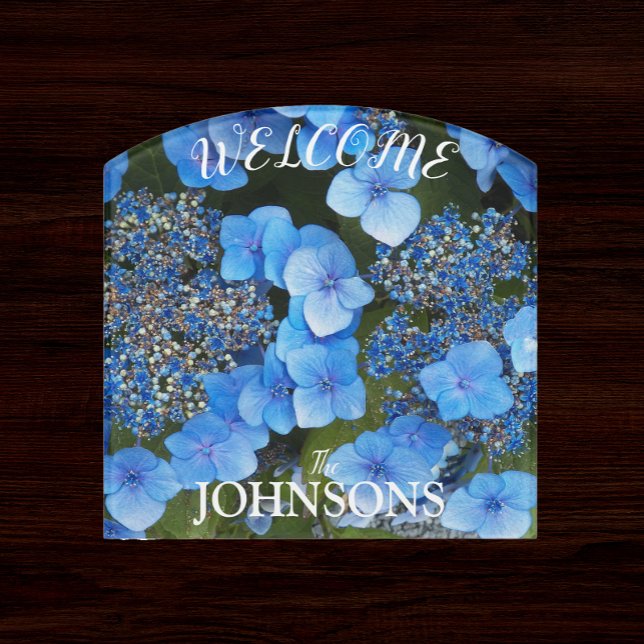 Blue Lacecap Hydrangea with Family Name Welcome Door Sign (In Situ)