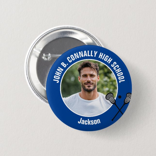 Blue Lacrosse Player Photo High School Spirit Button (Front & Back)