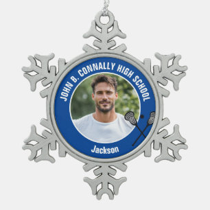 Blue Lacrosse Player Photo High School Spirit Snowflake Pewter Christmas Ornament