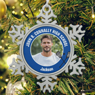Blue Lacrosse Player Photo High School Spirit Snowflake Pewter Christmas Ornament