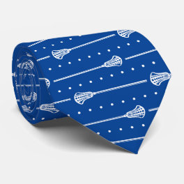 Blue Lacrosse White Sticks & Dotted Lines Pattern Neck Tie