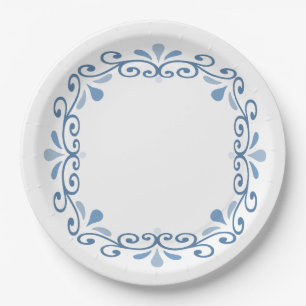 Blue lacy scroll wreath paper plates