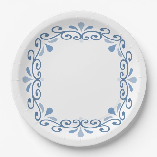 Blue lacy scroll wreath paper plates (Front)