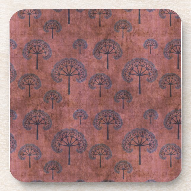 Blue Lacy Trees on Grunge Red Drink Coaster (Front)