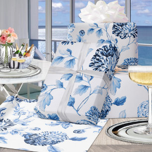 Blue Lady Modern Vintage Large Floral Toile Silver Wrapping Paper