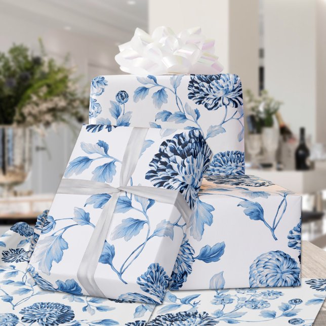 Blue Lady Modern Vintage Large Floral Toile White Wrapping Paper (Creator Uploaded)