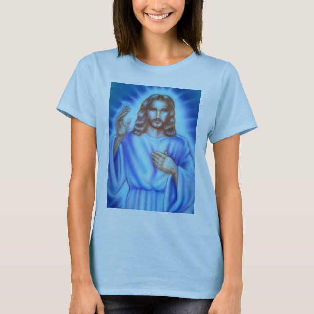 Blue Lady's shirt with Jesus picture (Front)