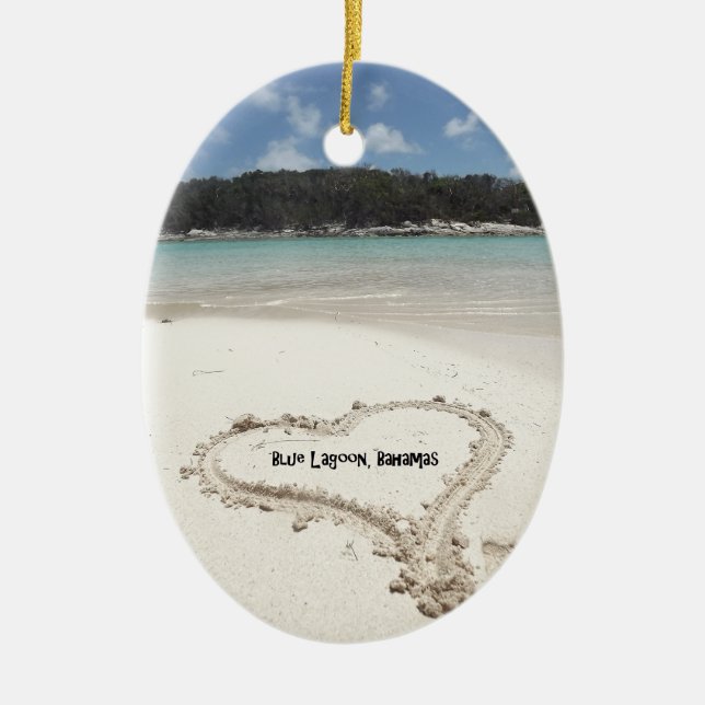 Blue Lagoon, Bahamas- Heart Drawn in the Sand Ceramic Ornament (Front)