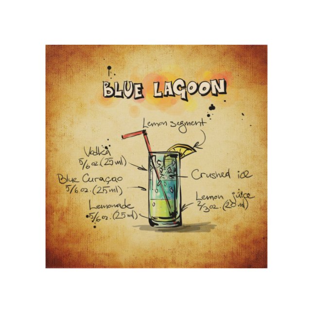 Blue Lagoon Cocktail Recipe Wood Wall Decor (Front)