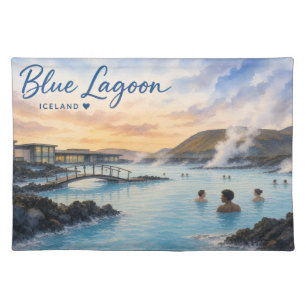 Blue Lagoon Iceland thermal bath watercolor Cloth Placemat