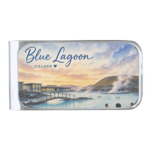 Blue Lagoon Iceland thermal bath watercolor Silver Finish Money Clip