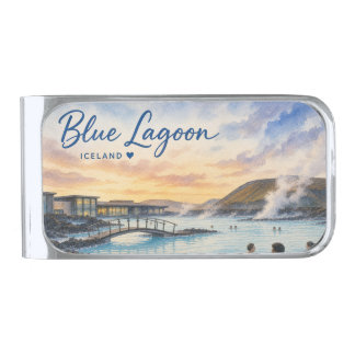 Blue Lagoon Iceland thermal bath watercolor  Silver Finish Money Clip