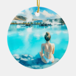 Blue Lagoon Iceland Watercolor Ceramic Ornament