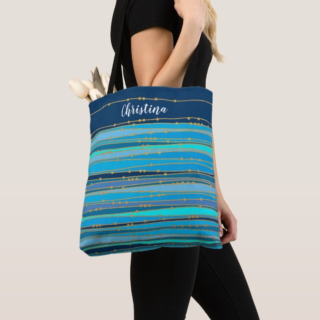 Blue Lagoon Zen | Personalized Striped Tote Bag (Close Up)