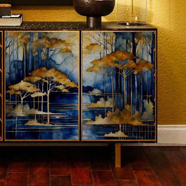 Blue Lake Gold Trees Decoupage Tissue Paper (Creator Uploaded)