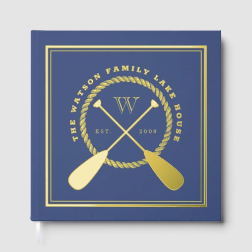 Blue Lake House Monogram Crossed Paddles Foil Guest Book