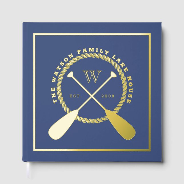 Blue Lake House Monogram Crossed Paddles Foil Guest Book (Front)