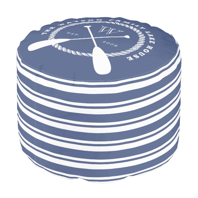 Blue Lake House Monogram Crossed Paddles Pouf (Angled Back)