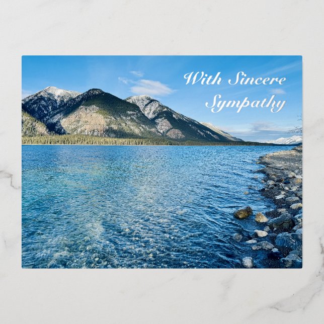 Blue Lake Mountains Silver Foil Sympathy Post Card (Front)