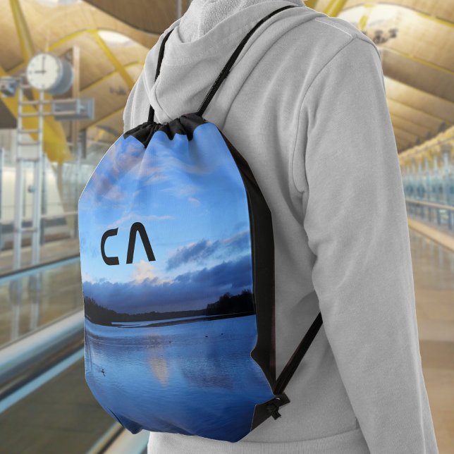 Blue Lake Photo Monogram Drawstring Bag (Blue Hour Lake Monogram Wanderlust Your Photo Drawstring Bag 
©Susanne Sachers - Sunny Wanderlust 🌞)