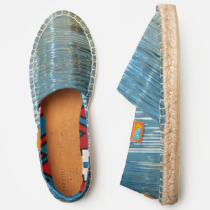 blue lake water reflection, red white blue liner espadrilles