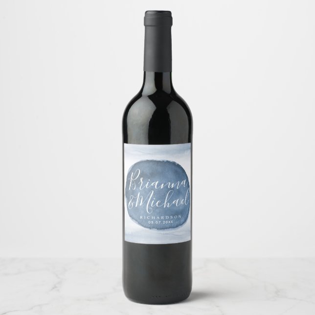 Blue Lake Water Stain | Personalized Names Wedding Wine Label (Front)