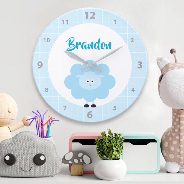 Blue Lamb Boy Kid Nursery Script Cute Kawaii Name Large Clock (Creator Uploaded)