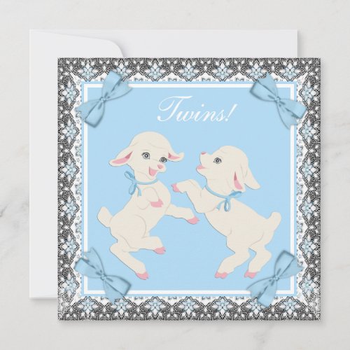 Blue Lamb Twin Baby Boy Shower Invitation