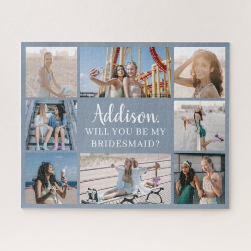 Blue Large 8 Photo Collage Bridesmaid Proposal Jigsaw Puzzle