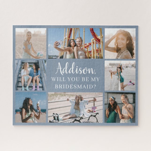 Blue Large 8 Photo Collage Bridesmaid Proposal Jigsaw Puzzle (Horizontal)