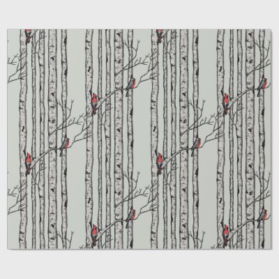 Blue Large Birch Trees and Red Cardinal Birds Wrapping Paper
