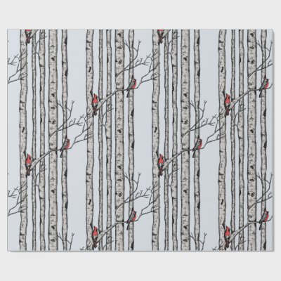Blue Large Birch Trees and Red Cardinal Birds Wrapping Paper