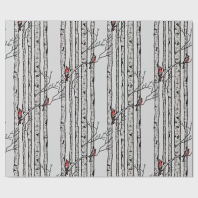 Blue Large Birch Trees and Red Cardinal Birds Wrapping Paper