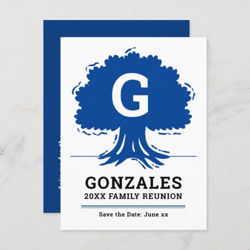 Blue Large Tree with Initial _ Family Reunion Invitation Postcard