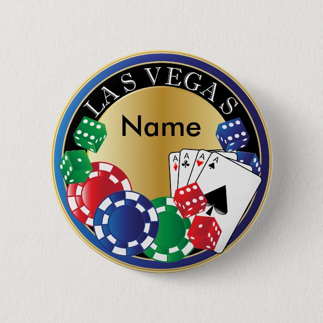 Blue Las Vegas Gambler - Dice, Cards, Poker Chips Pinback Button (Front)