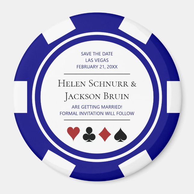 Blue Las Vegas Wedding Save The Date Poker Chip Magnet (Front)
