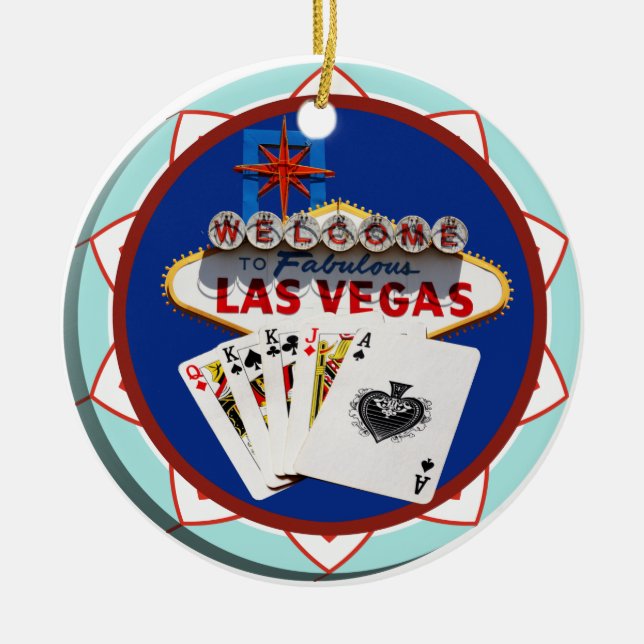 Blue Las Vegas Welcome Sign Poker Chip Ceramic Ornament (Front)