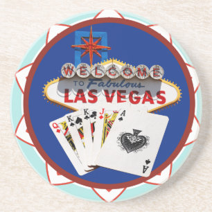 Blue Las Vegas Welcome Sign Poker Chip Sandstone Coaster