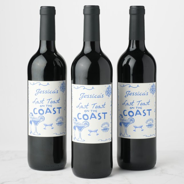 Blue Last Toast Coast Bachelorette Party Wine Label (Bottles)