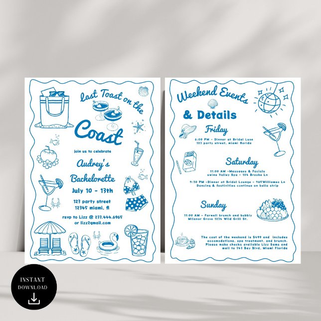 Blue Last Toast On The Coast Bachelorette Weekend Invitation (Creator Uploaded)