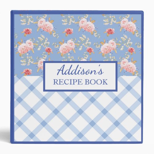 Blue Lattice and Pink Floral Pattern Recipe 3 Ring Binder