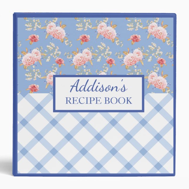 Blue Lattice and Pink Floral Pattern Recipe 3 Ring Binder (Front)